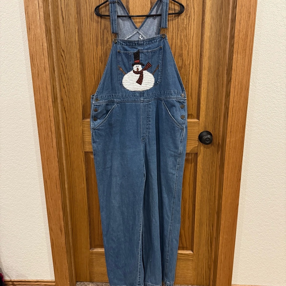 Vintage Haiks Denim Snowman Overalls Christmas Holiday Bib Jeans